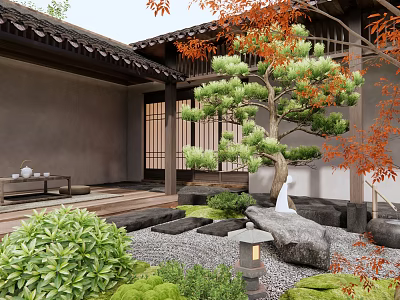 Traditional Courtyard Garden Design with Pine Tree Stone Lantern Green Plants Wooden Structure and Gravel 3d model