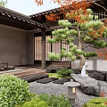 Traditional Courtyard Garden Design with Pine Tree Stone Lantern Green Plants Wooden Structure and Gravel