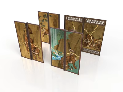 Decorative Traditional Wooden Room Dividers With Tiger Motifs And Oriental Artwork 3d model