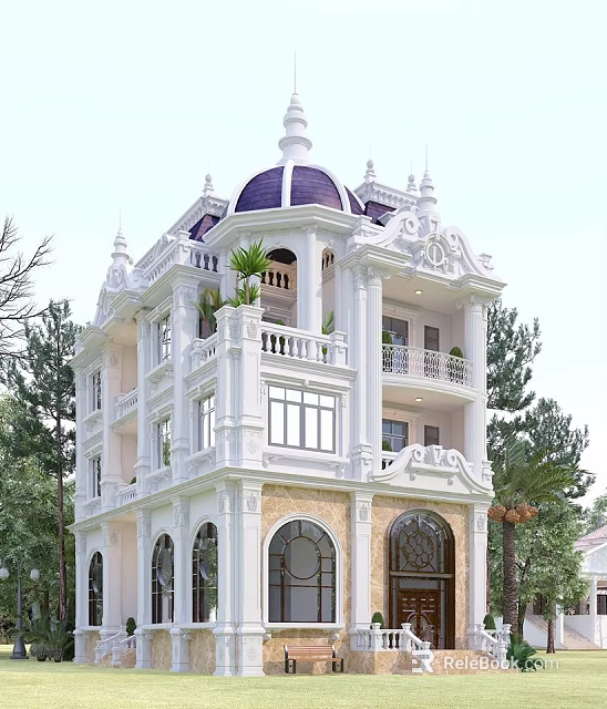Luxurious Detached Villa With White Exterior Purple Dome Balconies And Arched Windows 3d model 