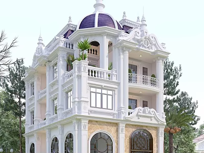 Luxurious Detached Villa With White Exterior Purple Dome Balconies And Arched Windows 3d model