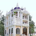 Luxurious Detached Villa With White Exterior Purple Dome Balconies And Arched Windows