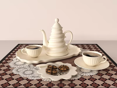 Elegant White Ceramic Tea Set With Teapot Cups Tray And Cookies On Decorative Tablecloth 3d model