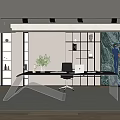 Modern Home Office Interior With Glass Desk Black Chair And Marble Accent Wall