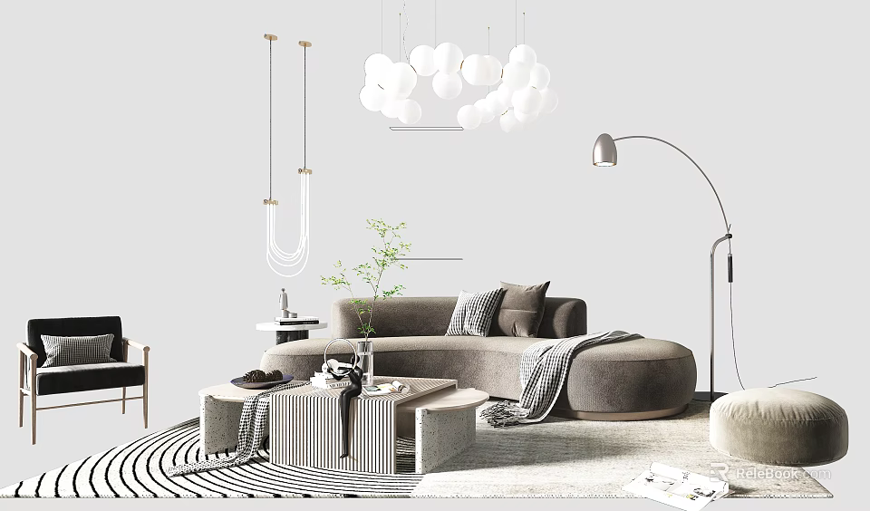 Modern Living Room Sofa Coffee Table Set With Spherical Pendant Lights And Striped Rug 3d model 