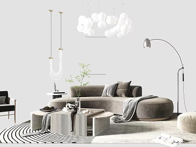 Modern Living Room Sofa Coffee Table Set With Spherical Pendant Lights And Striped Rug 3d model
