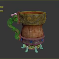 Decorative Wooden Mug with Intricate Metal Carvings Curved Handle and Ornate Base