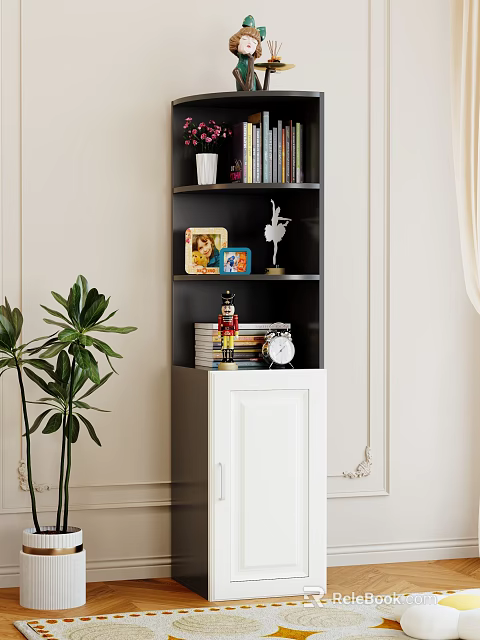 Modern Home Decorative Shelf With Books Statue Photo Frame And Green Plant By White Cabinet 3d model 