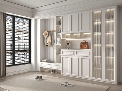 Modern White Shoe Cabinet with LED Lights Coat Hanging Area and Storage Bench 3d model