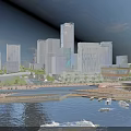 Modern City Waterfront Scenery with Tall Skyscrapers Blue Sky and Boats on Water