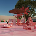 Fun Pink Sea Breeze Music Concert Scene With Pink Backdrop Chairs Lifebuoys And Palm Trees