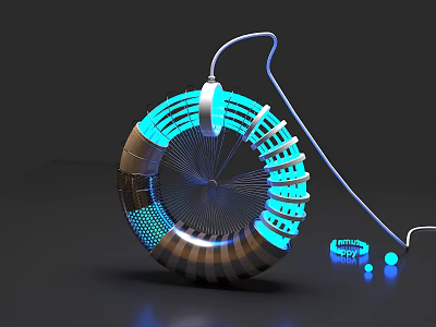 Modern Futuristic Decorative Light With Blue LED Ring And Metallic Spiral Structure Design 3d model