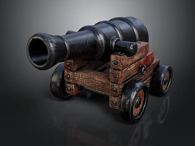Vintage Black Metal Cannon With Wooden Carriage And Wheels 3d model