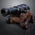Vintage Black Metal Cannon With Wooden Carriage And Wheels