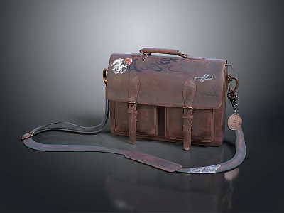 Vintage Brown Leather Shoulder Bag with Multiple Pockets and Decorative Buckles Classic Design 3d model