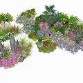 Colorful Shrub Varieties In Garden With Decorative Stones And Mixed Flowers