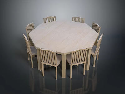 Modern Simple Dining Table Set with Wooden Octagonal Top and Eight Matching Chairs for Home 3d model