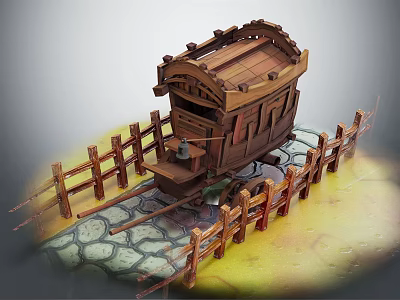 Vintage Wooden Carriage on Stone Paved Path Surrounded by Wooden Fence 3d model