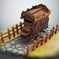 Vintage Wooden Carriage on Stone Paved Path Surrounded by Wooden Fence