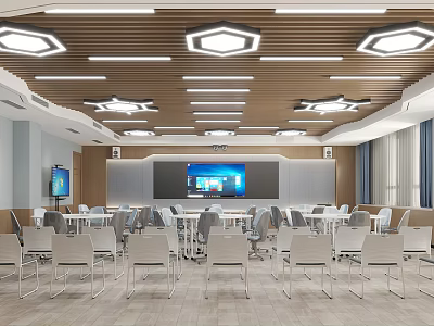 School Modern Classroom With Wooden Slat Ceiling Hexagonal Lights And Large Screen 3d model