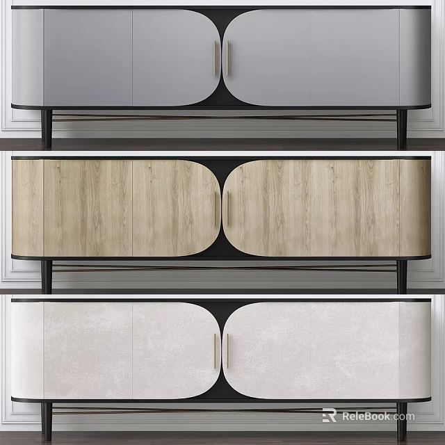 Modern TV Stand Interior With Wooden Gray White Panels And Black Frame Design 3d model 