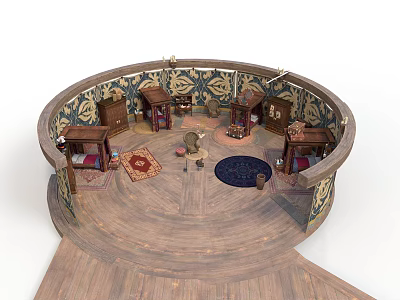 Circular Building Interior With Wooden Floor Decorative Patterned Walls And Furniture Rugs 3d model