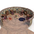 Circular Building Interior With Wooden Floor Decorative Patterned Walls And Furniture Rugs