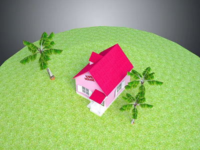 Scenic View Of Pink House With Red Roof On Green Grass And Palm Trees 3d model