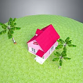 Scenic View Of Pink House With Red Roof On Green Grass And Palm Trees