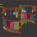 Ornate Wooden Structure With Colorful Banners Hanging Lanterns And Small Stools