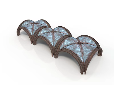 Three Arched Architectural Structures With Wooden Frames And Blue Glass Panels 3d model