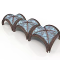 Three Arched Architectural Structures With Wooden Frames And Blue Glass Panels