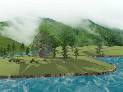Scenic Road Infrastructure With Green Hills Water Bodies And Landscaped Paths 3d model