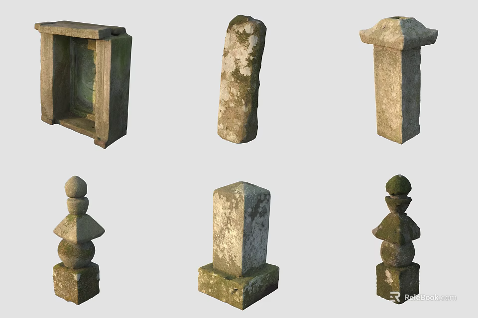 Classic Carved Stone Sculptures With Various Decorative Pillar And Base Designs 3d model 