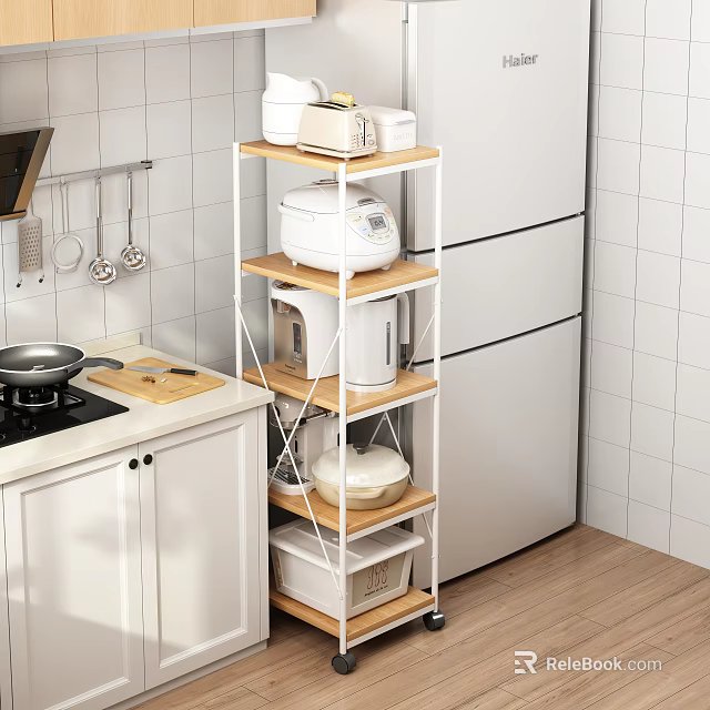 White Kitchen Cabinets With Multi Layer Shelf And Kitchen Supplies 3d model