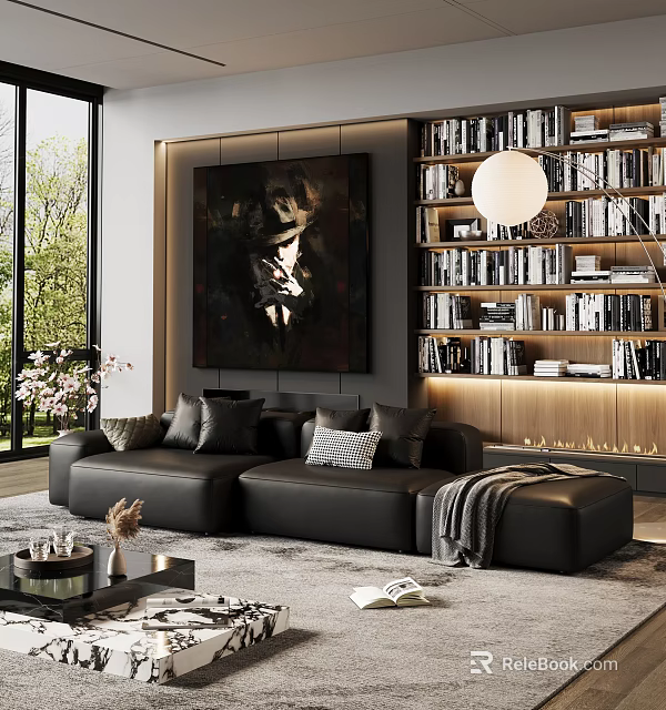 Stylish Living Room Interior With Black Leather Sofa Bookshelf Large Artwork And Round Pendant Light 3d model 