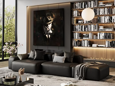 Stylish Living Room Interior With Black Leather Sofa Bookshelf Large Artwork And Round Pendant Light 3d model