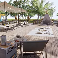 Relaxing Garden Landscape with Wooden Deck Outdoor Seating Palm Trees and Camper Van