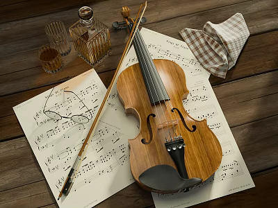 Vintage Violin Setup On Wooden Table With Music Sheets Bow And Checkered Cloth 3d model