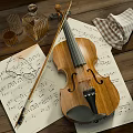 Vintage Violin Setup On Wooden Table With Music Sheets Bow And Checkered Cloth