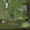 Enchanted Forest With Lush Trees Colorful Flowers Green Vegetation And Sunlight Filtering Through Tree Trunks