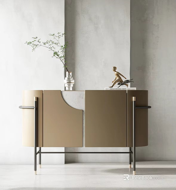 Modern Minimalist Entryway Side Cabinet with Golden Metal Legs Vase Plant Sculpture Book on Wall 3d model 