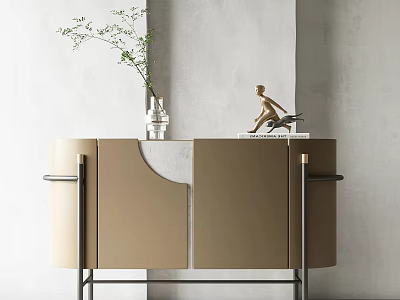 Modern Minimalist Entryway Side Cabinet with Golden Metal Legs Vase Plant Sculpture Book on Wall 3d model