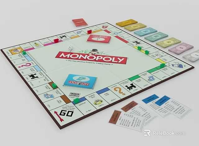 Monopoly Board Game Layout With Cards And Game Pieces On White Surface 3d model 