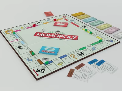 Monopoly Board Game Layout With Cards And Game Pieces On White Surface 3d model