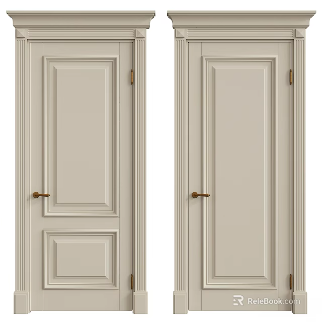 Off White Hinged Doors With Simple Panel Design And Brass Handles 3d model