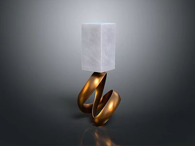 Minimalist White Cube Displayed on Golden Spiral Supports Against Gray Background 3d model