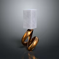 Minimalist White Cube Displayed on Golden Spiral Supports Against Gray Background