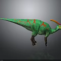 Green Dinosaur Model with Colorful Patterns and Orange Red Crest Standing on Dark Background