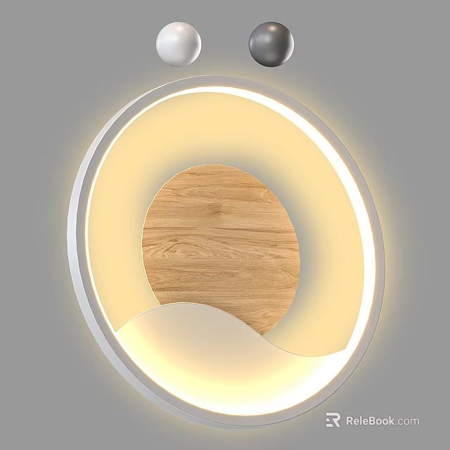 Modern Circular Wall Lamp Featuring White Frame Wooden Texture Center and Soft Yellow Lighting 3d model 